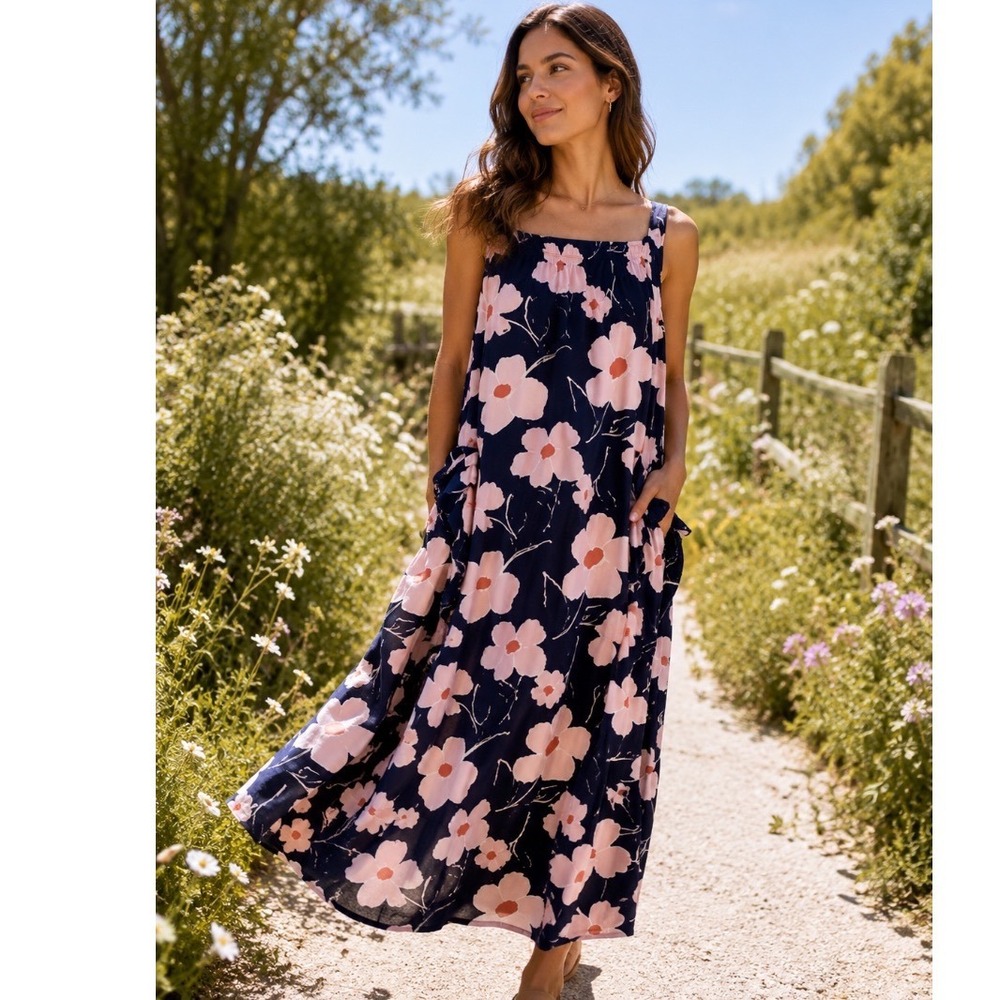 Cottagecore Maxi Dress‎ Junior Sz L Navy Pink Floral Ruffled Maxi prairie